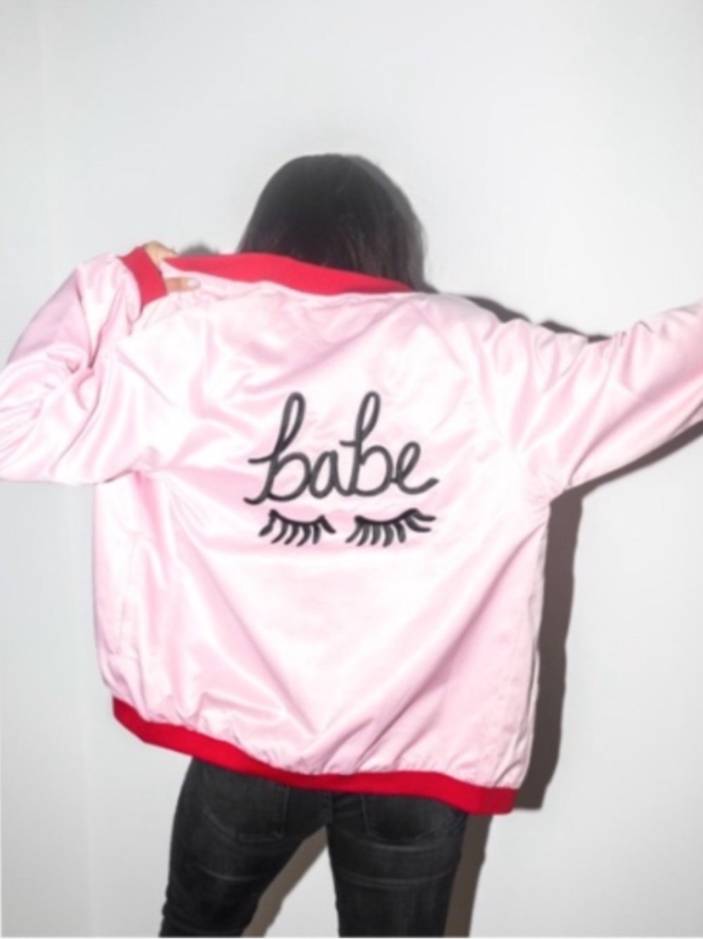 Urban Outfitters Style Club LA Babe Eyelash Pink Satin Bomber Jacket SMALL